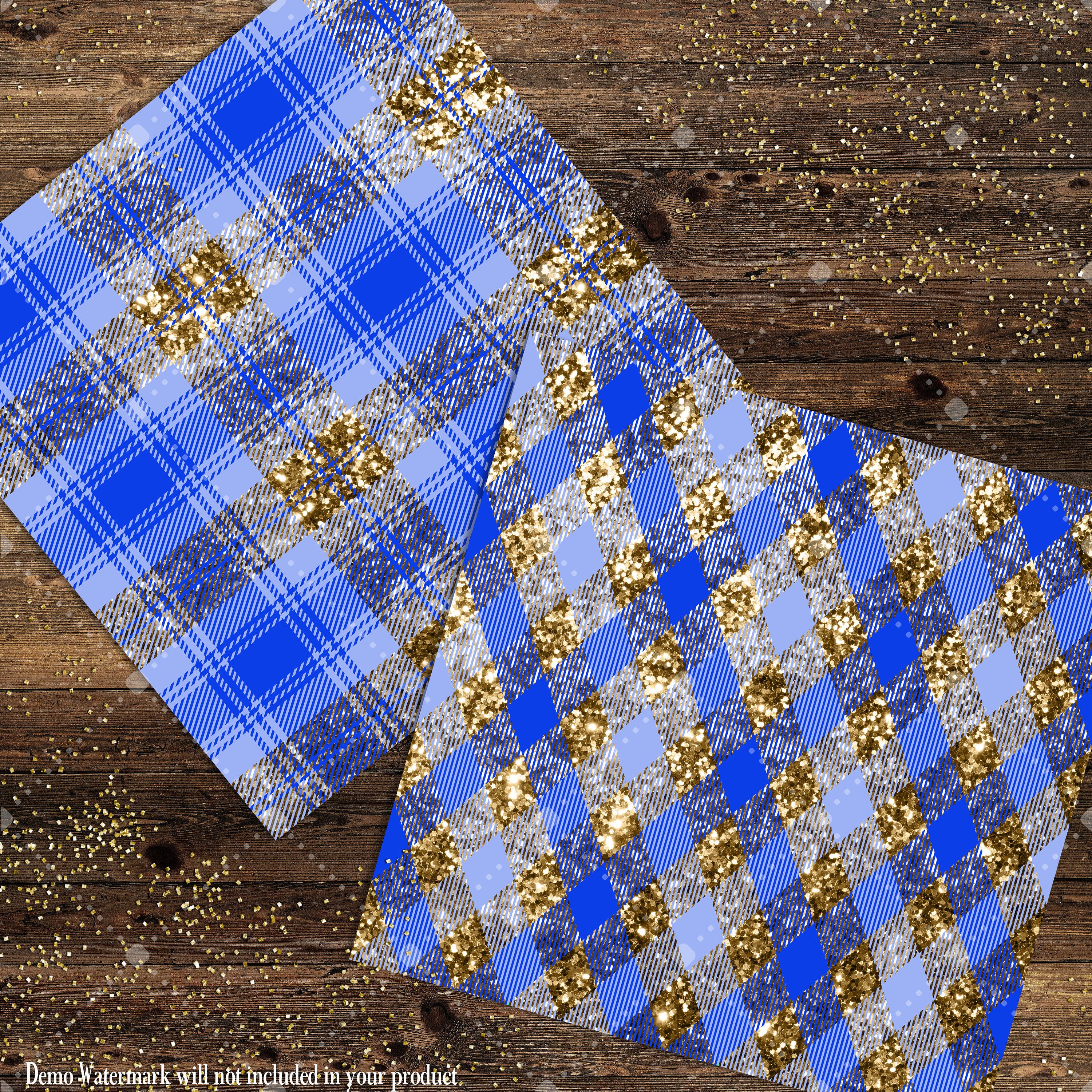 16 Luxury Gold and Royal Blue Glitter Plaid Tartan digital paper pack 12inch 300 dpi commercial use instant download Bonus 2 Glitter Papers