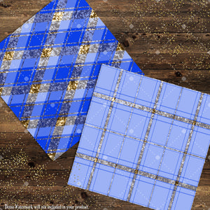 16 Luxury Gold and Royal Blue Glitter Plaid Tartan digital paper pack 12inch 300 dpi commercial use instant download Bonus 2 Glitter Papers