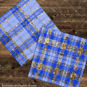 16 Luxury Gold and Royal Blue Glitter Plaid Tartan digital paper pack 12inch 300 dpi commercial use instant download Bonus 2 Glitter Papers