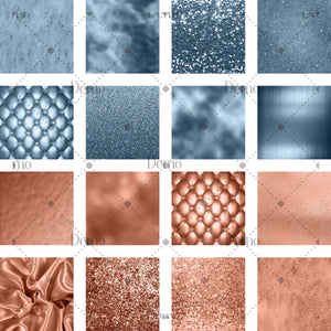 16 luxury denim and peach digital paper pack commercial use luxury texture scrapbook paper, foil upholstery silk satin glitter foil metallic