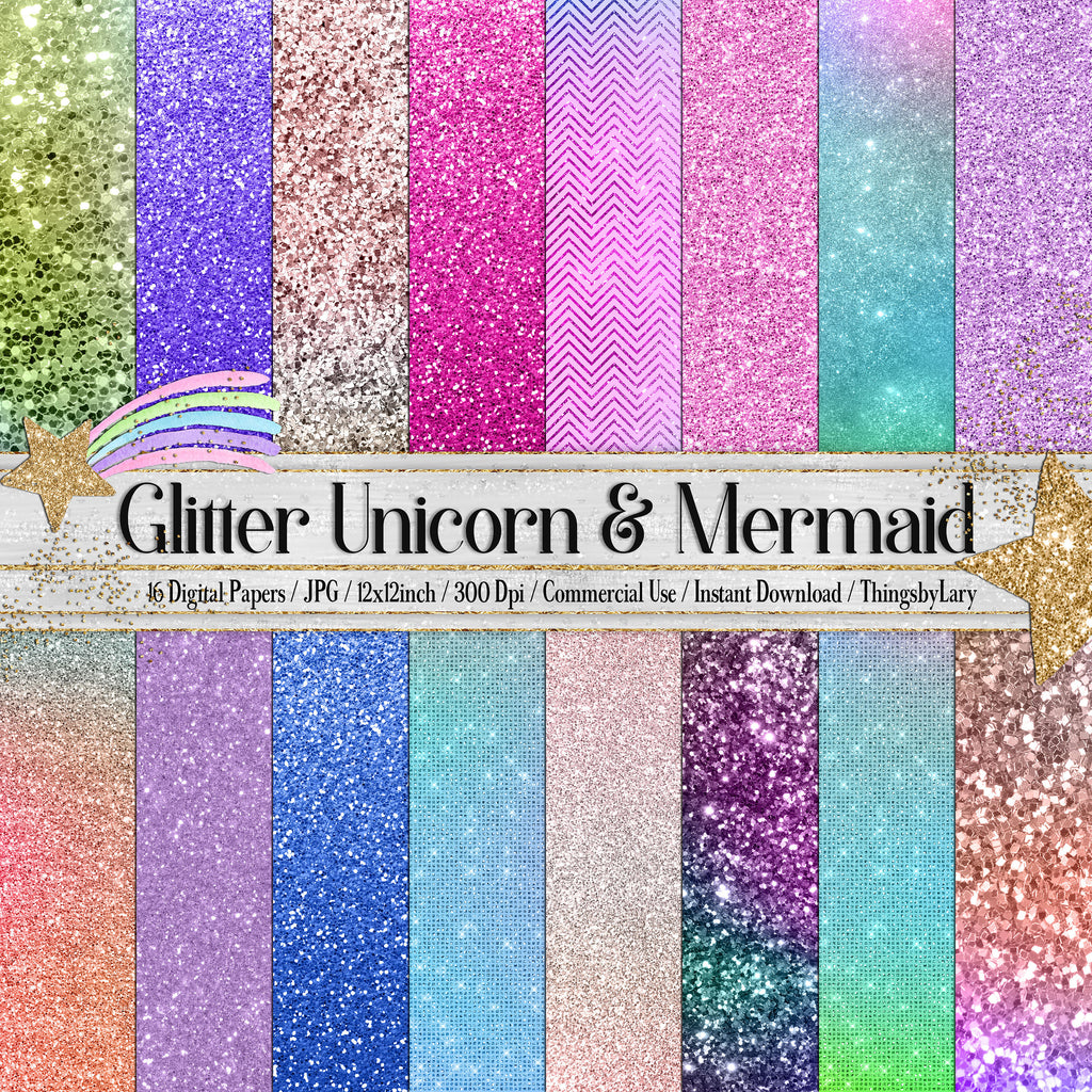 16 Magical Fairy Tale Unicorn Mermaid Glitter digital papers commercial use,distressed rainbow foil fairy kid paper Iridescent glitter paper