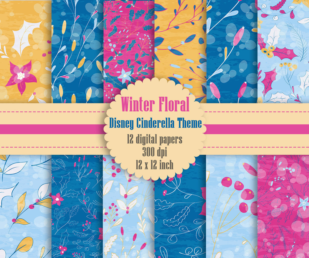 12 Winter Floral Digital Papers in 12 inch, Instant Download, High Resolution 300 Dpi, Commercial Use