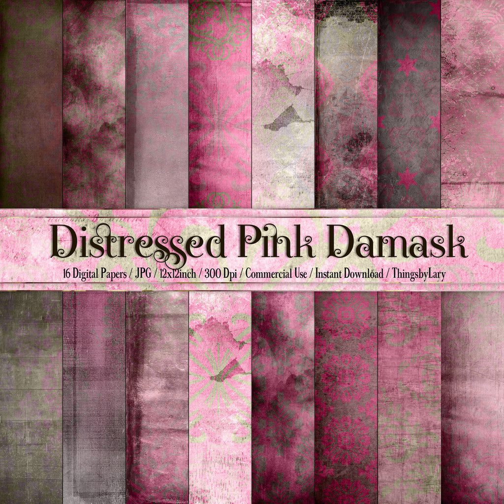 16 Distressed Pink Damask Papers in 12inch, 300 Dpi Planner Paper, Scrapbook Paper, Old Paper, grunge texture Paper, Digital Vintage Paper