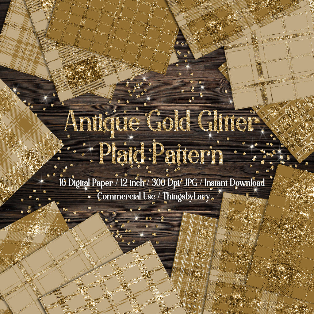 16 Antique Gold Glitter Plaid Tartan digital paper pack 12inch 300 dpi commercial use instant download Bonus 1 Glitter Paper, Check Plaid