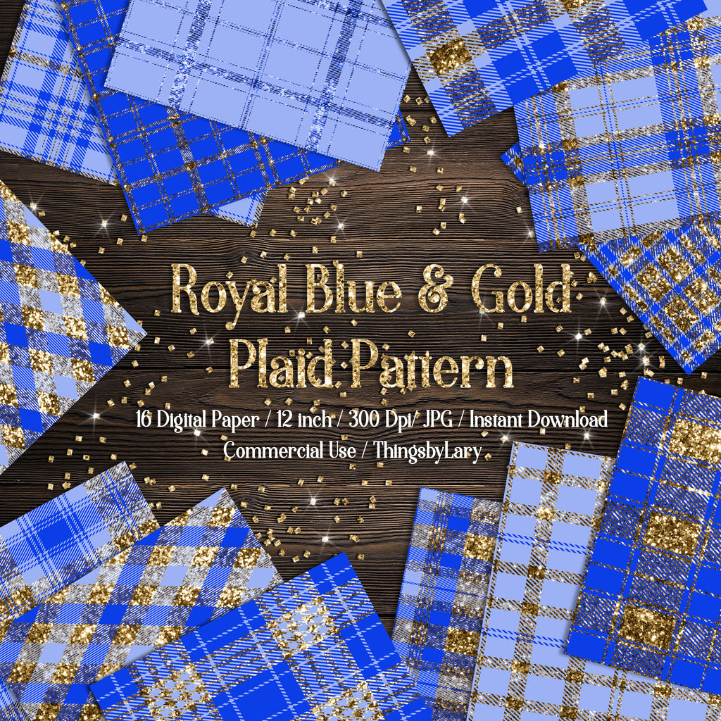 16 Luxury Gold and Royal Blue Glitter Plaid Tartan digital paper pack 12inch 300 dpi commercial use instant download Bonus 2 Glitter Papers