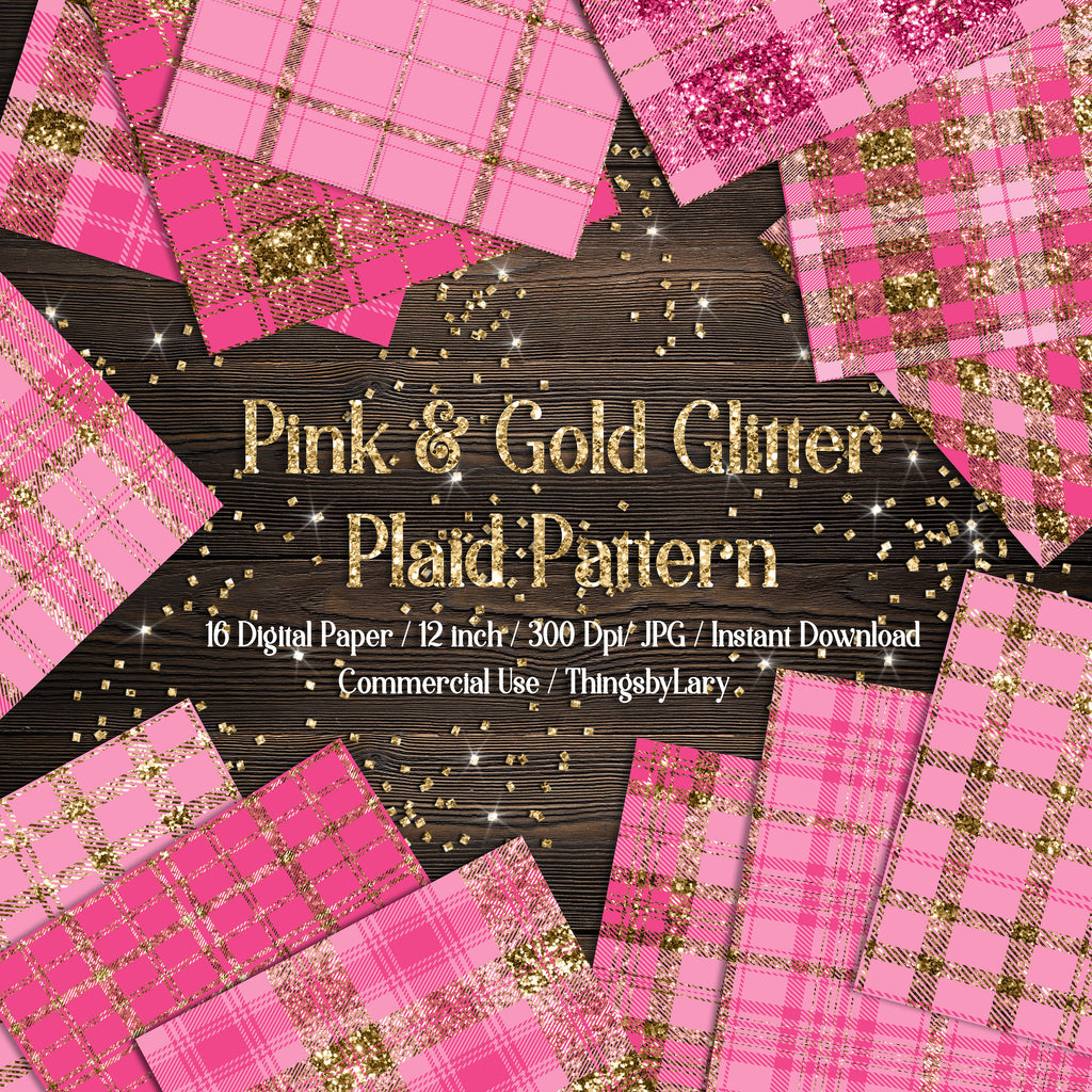 16 Luxury Gold and Pink Glitter Plaid Tartan digital paper pack 12inch 300 dpi commercial use instant download, Bonus 2 Glitter Background,