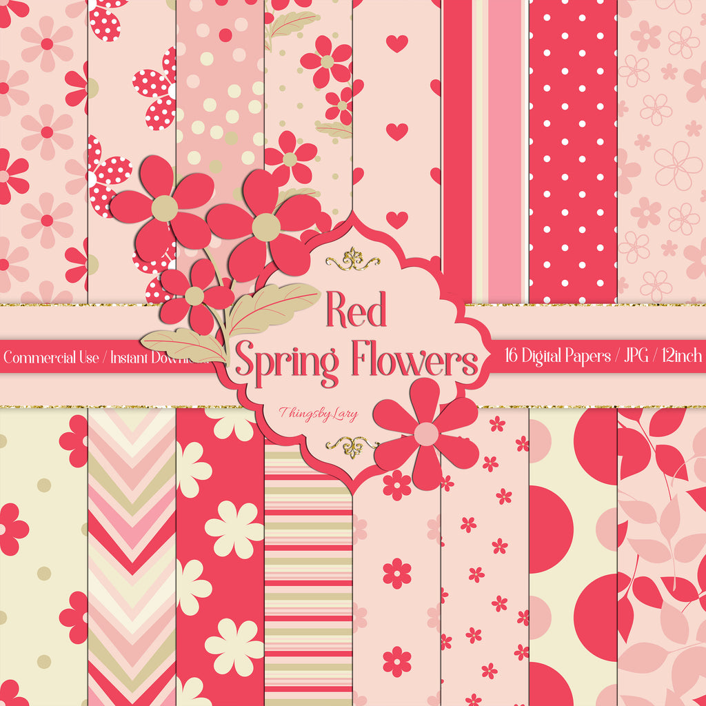 16 Seamless Red Spring Flower Papers in 12inch 300 Dpi Planner Paper, Coral Scrapbooking Floral, Polka Dot Chevron Striped Seamless Pattern