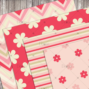 16 Seamless Red Spring Flower Papers in 12inch 300 Dpi Planner Paper, Coral Scrapbooking Floral, Polka Dot Chevron Striped Seamless Pattern