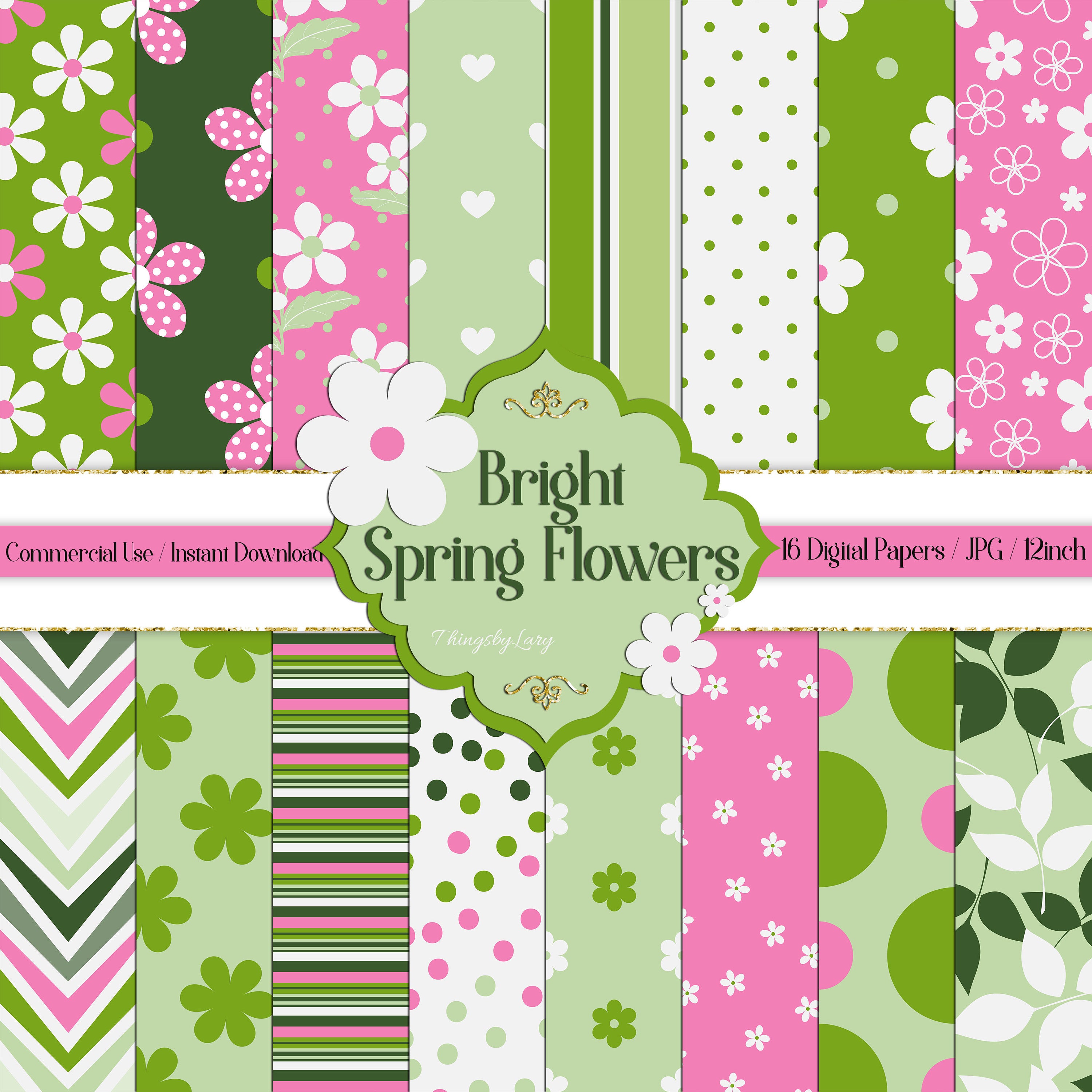 16 Seamless Bright Spring Flower Papers in 12inch 300 Dpi Planner Paper Coral Scrapbooking Floral Polka Dot Chevron Striped Seamless Pattern