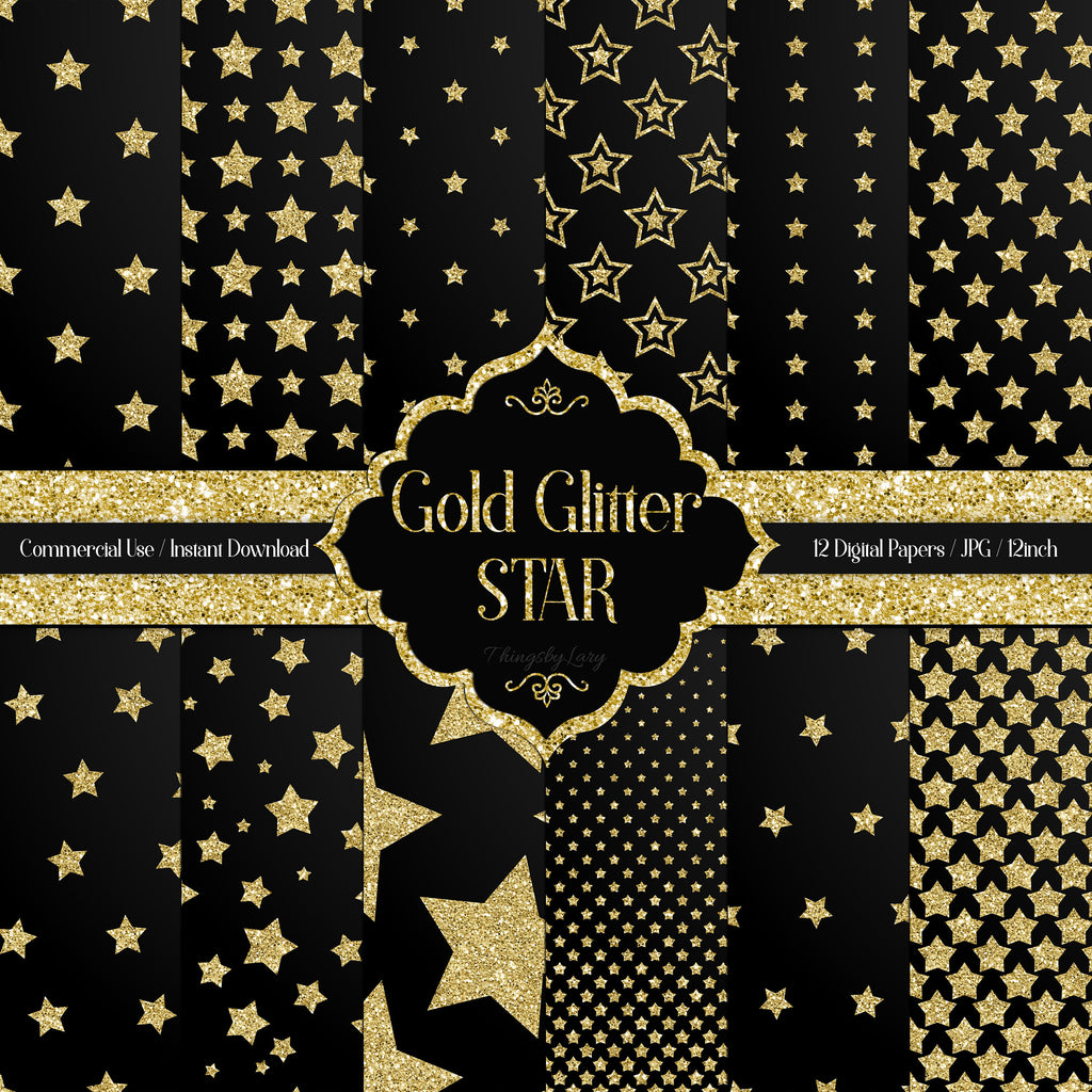 12 Gold Glitter Star Digital Papers 12 inch 300 Dpi Planner Paper Commercial Use Scrapbook Paper Gold Glitter Star Luxury Gold Glitter Paper