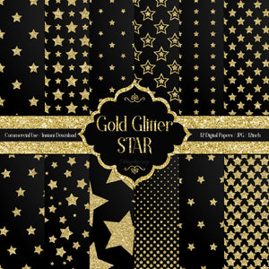 12 Gold Glitter Star Digital Papers 12 inch 300 Dpi Planner Paper Commercial Use Scrapbook Paper Gold Glitter Star Luxury Gold Glitter Paper