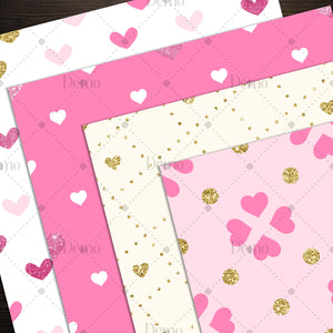 16 gold glitter and pink heart digital papers commercial use, glitter fairy kid papers, blush pink gold glitter papers valentine love heart