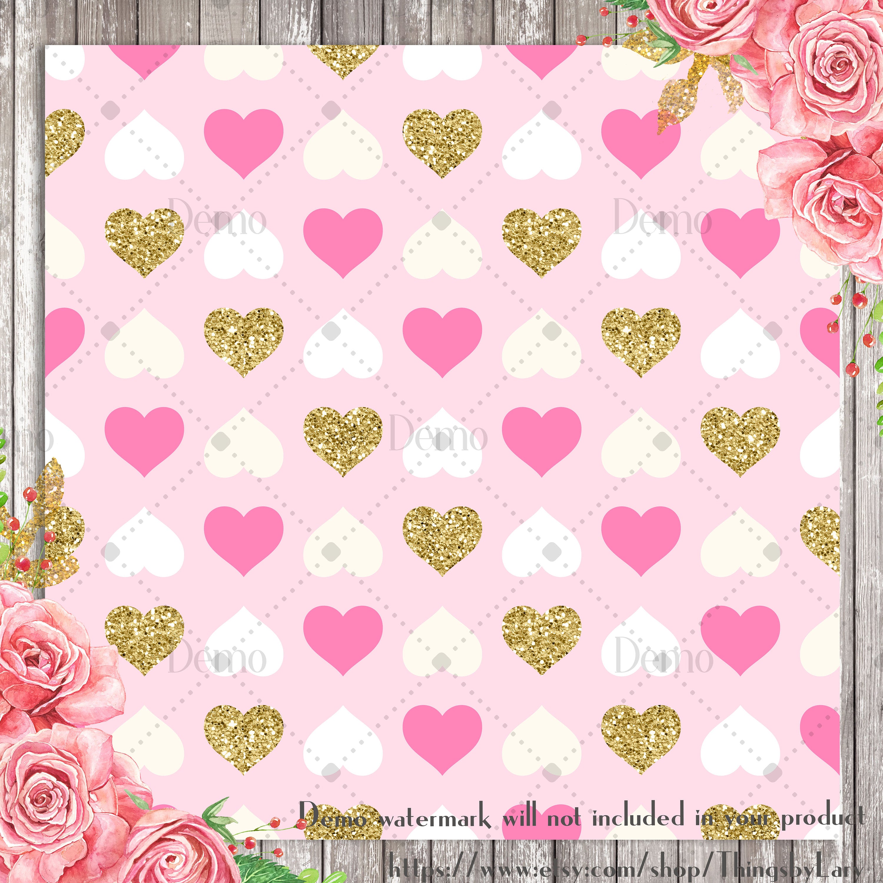 16 gold glitter and pink heart digital papers commercial use, glitter fairy kid papers, blush pink gold glitter papers valentine love heart