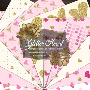 16 gold glitter and pink heart digital papers commercial use, glitter fairy kid papers, blush pink gold glitter papers valentine love heart