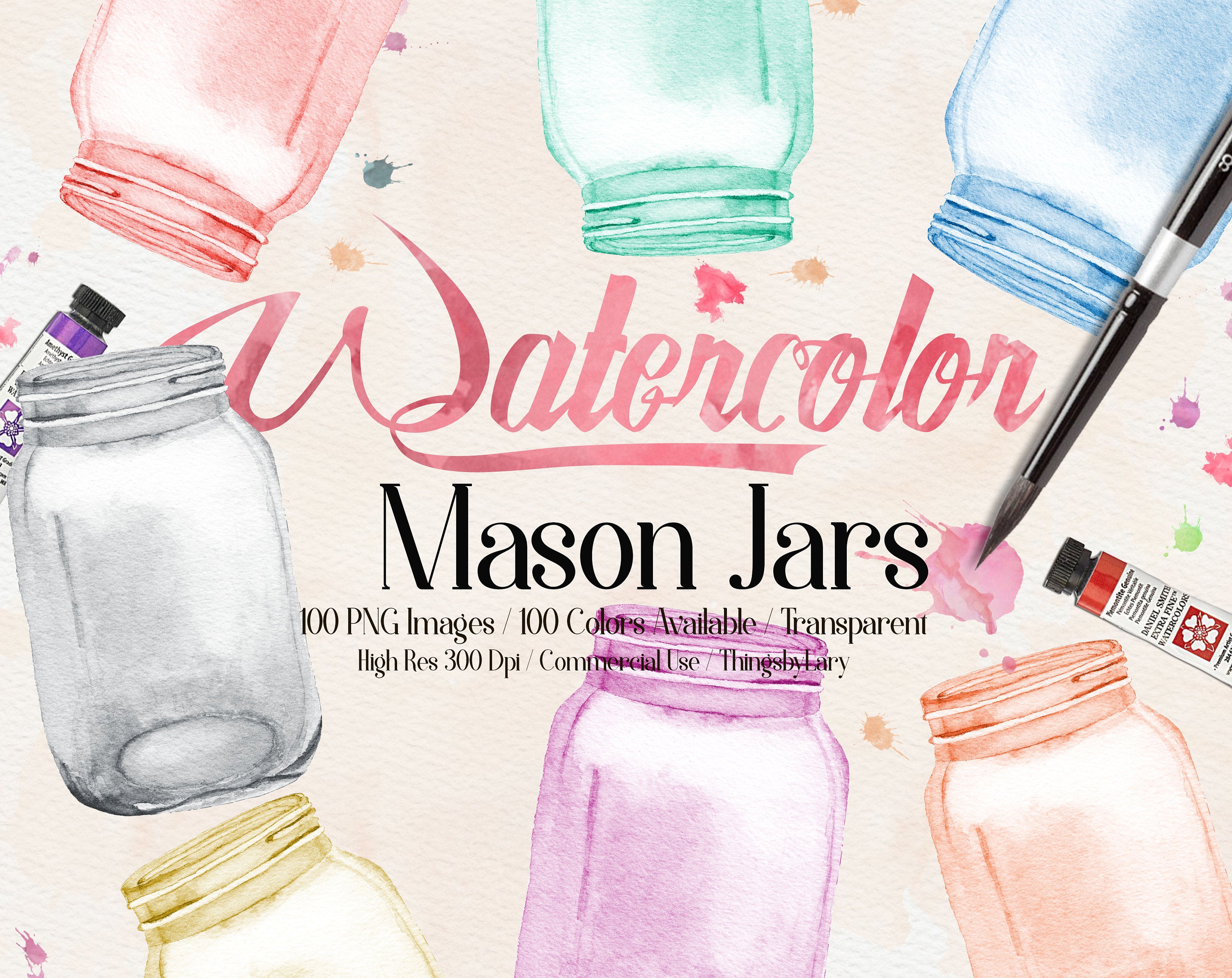 100 Watercolor Mason Jar Clip Arts,300 Dpi Planner Clipart, Scrapbooking, Watercolor Jars, Rustic Wedding, Watercolor Graphic, Bridal Shower