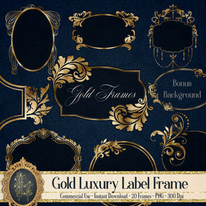 20 Luxury Gold Label Frames 300 Dpi PNG Instant Download Commercial Use, Vintage Label Frame Gold Foil Frame Luxury Antique Gold Pack