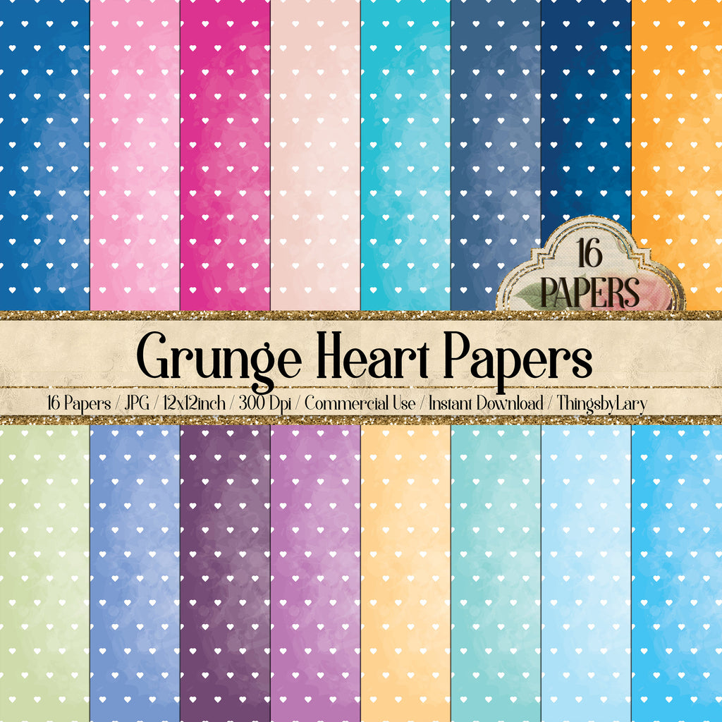 16 Grunge Romantic Shabby Chic Heart  Pattern Papers in 12inch, 300 Dpi Instant Download, Scrapbook Papers, Princess Papers, Commercial Use