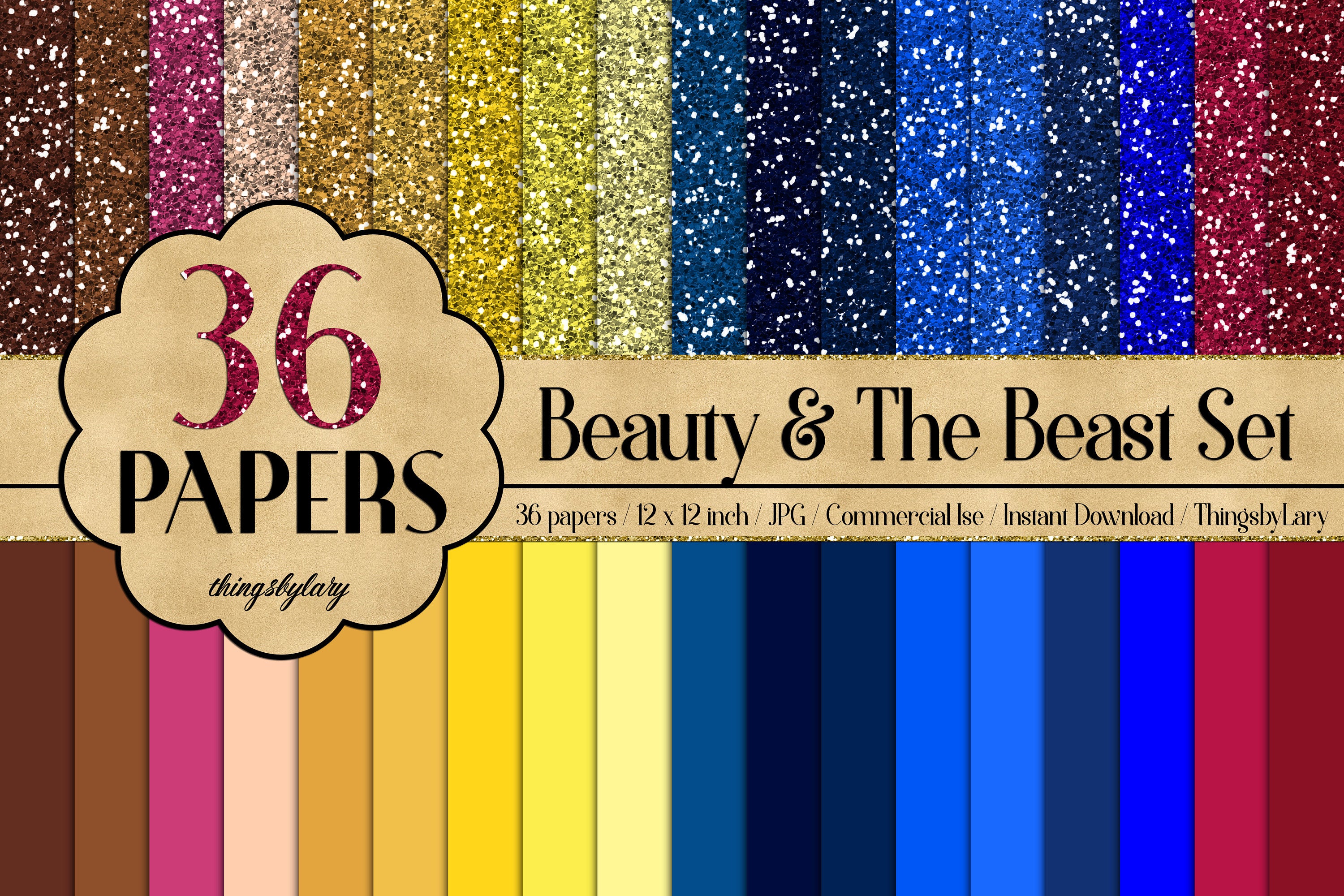 36 Princess Papers in 12&quot;, Princess Glitter Paper, Princess Solid Color Paper,300 Dpi Instant Download, Commercial Use