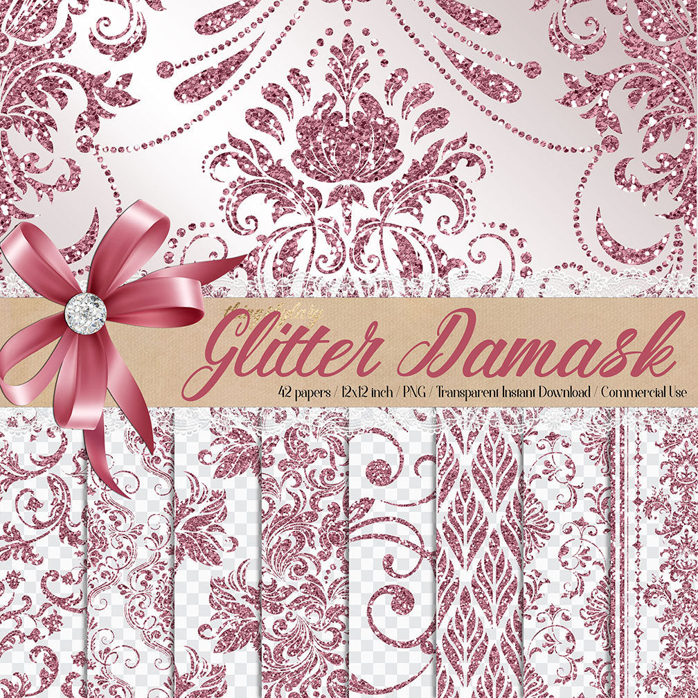 42 Rose Gold Glitter Seamless Damask Ornament Overlays 12in Transparent PNG Instant Download Commercial Use Blush Pink glitter print damask