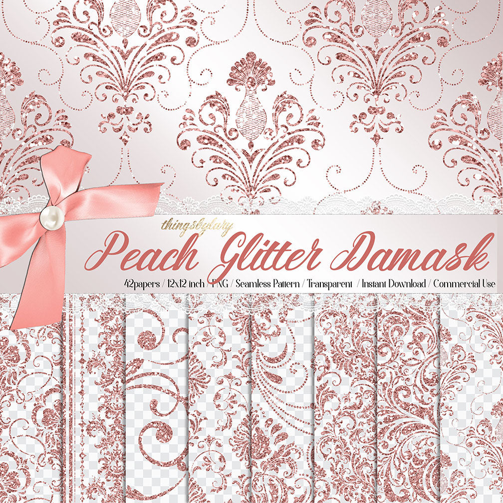 42 Pale Pink Peach Glitter Seamless Damask Ornament Overlays Transparent PNG Instant Download Commercial Use pastel glitter print damask