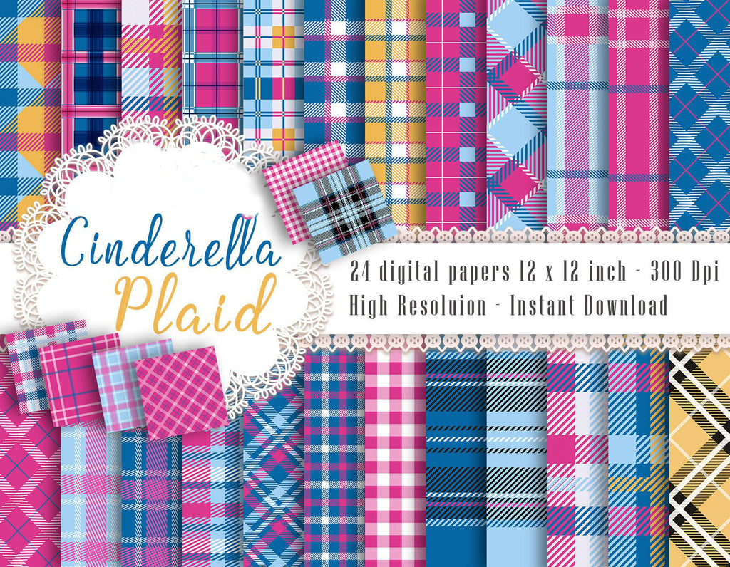 24 Pink and Blue Plaid Digital Papers 12inch 300 Dpi Instant Download, Scrapbook Papers, Tartan, Gingham, Check, Commercial Use