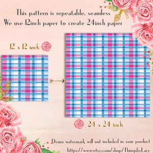 24 Pink and Blue Plaid Digital Papers 12inch 300 Dpi Instant Download, Scrapbook Papers, Tartan, Gingham, Check, Commercial Use