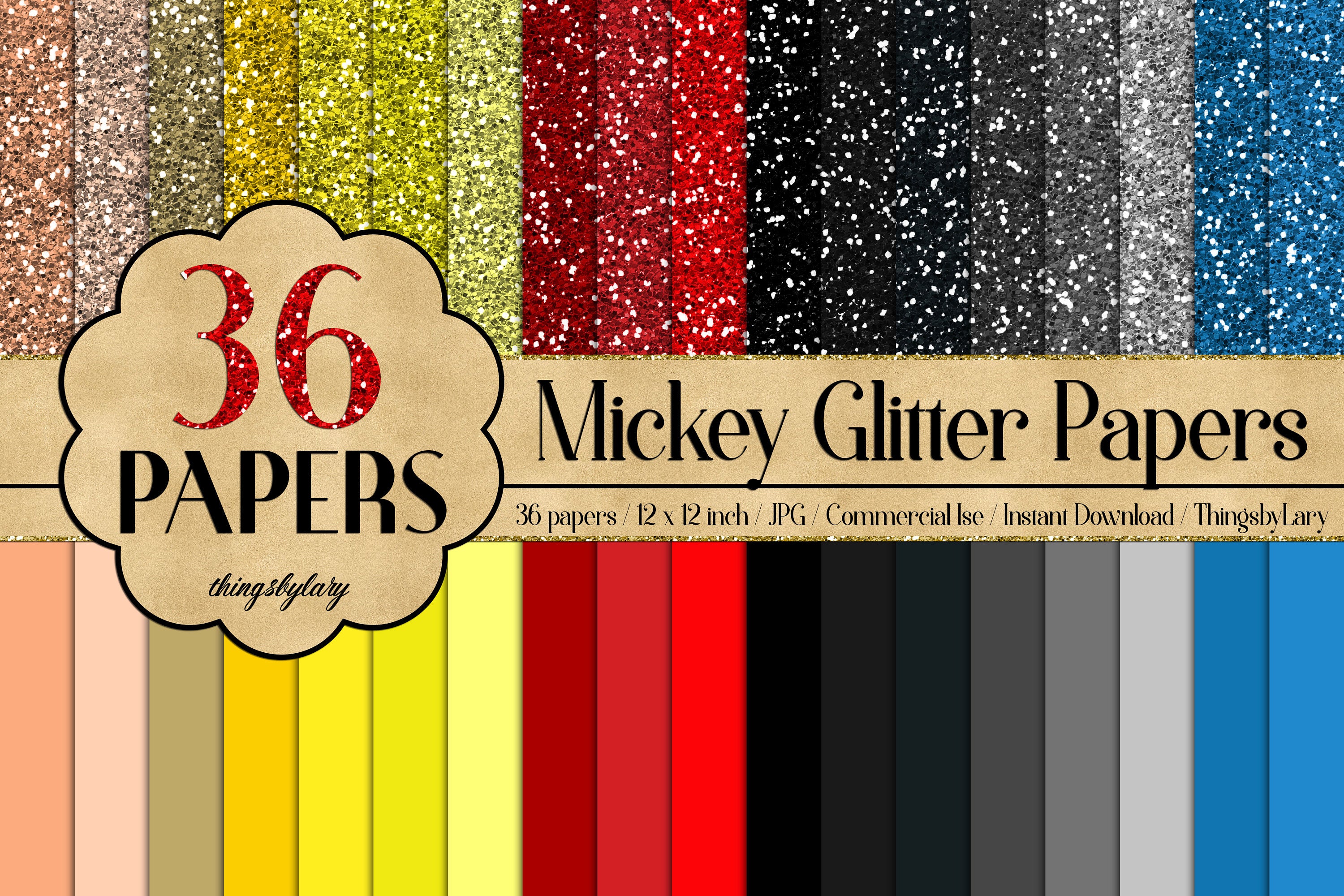 36 Red Black Yellow Glitter Papers, Cartoon Mouse Glitter Paper, Cartoon Mouse Solid Color Paper,300 Dpi Instant Download, Commercial Use