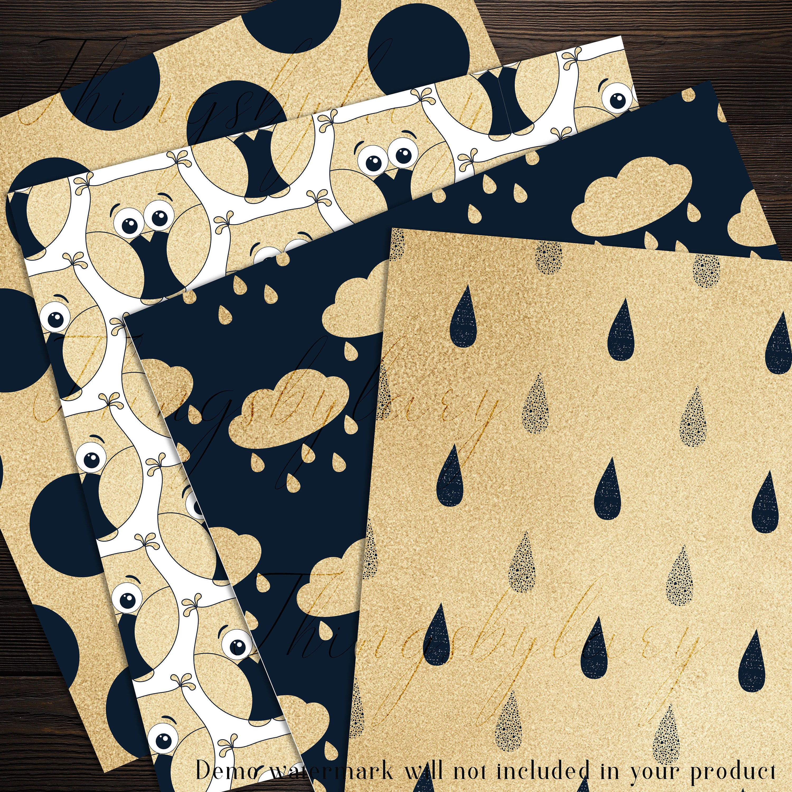16 Cute Owl Pattern Gold Foil and Navy Blue Digital Papers in 12 x 12 inch 300 Dpi Instant Download, Scrapbook Papers, Commercial Use