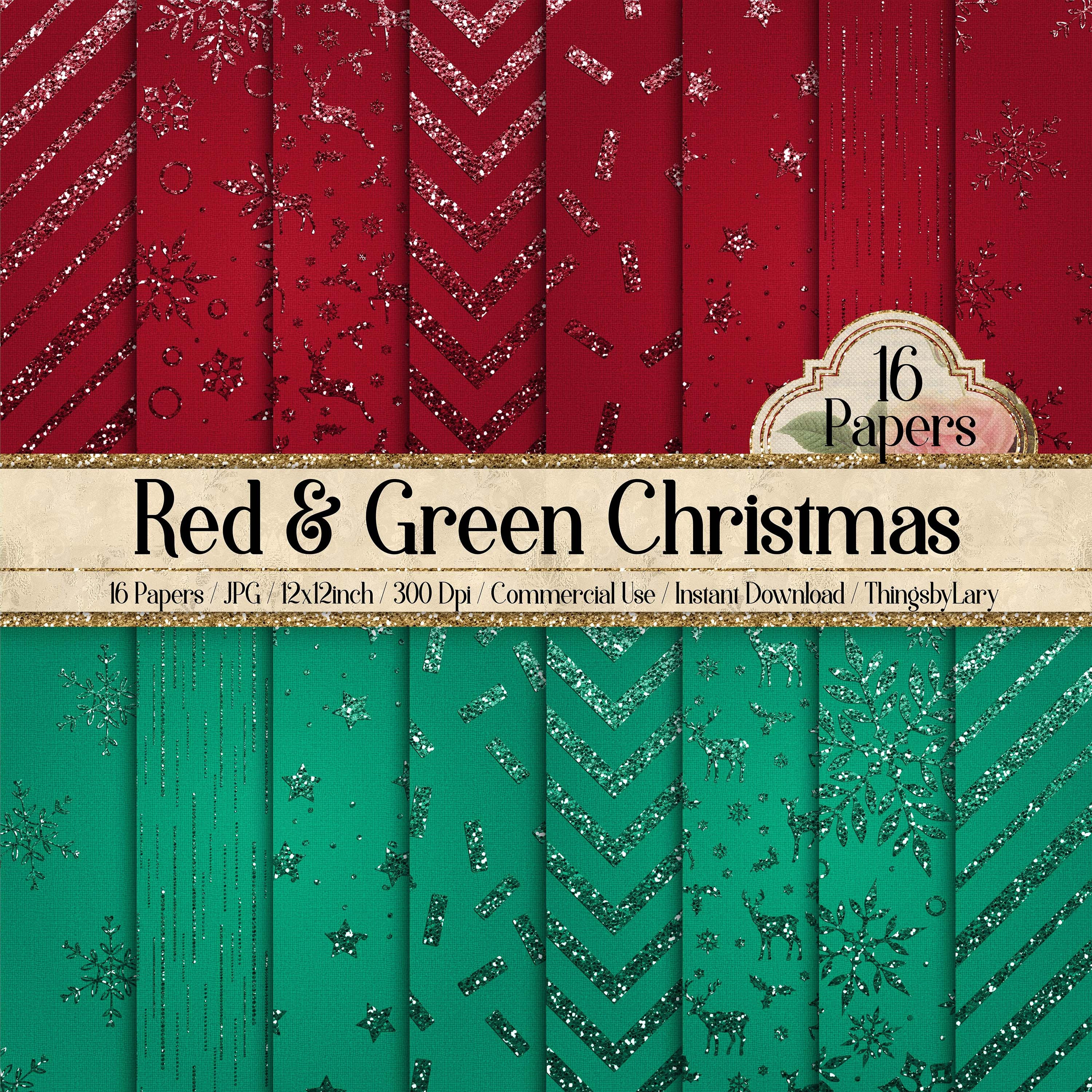 16 Red and Green Glitter Christmas Digital Papers 12&quot; 300 Dpi Instant Download Commercial Use Glitter Snowflakes Star Snow Winter Holiday