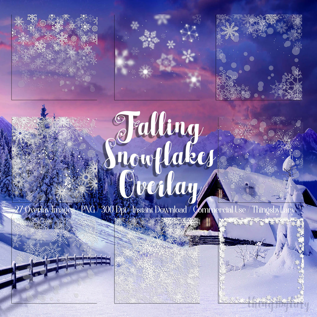 27 Falling Snowflakes Overlay Digital Images PNG Transparent 300 Dpi Instant Download Commercial Use Winter Overlay Christmas Holiday Frames