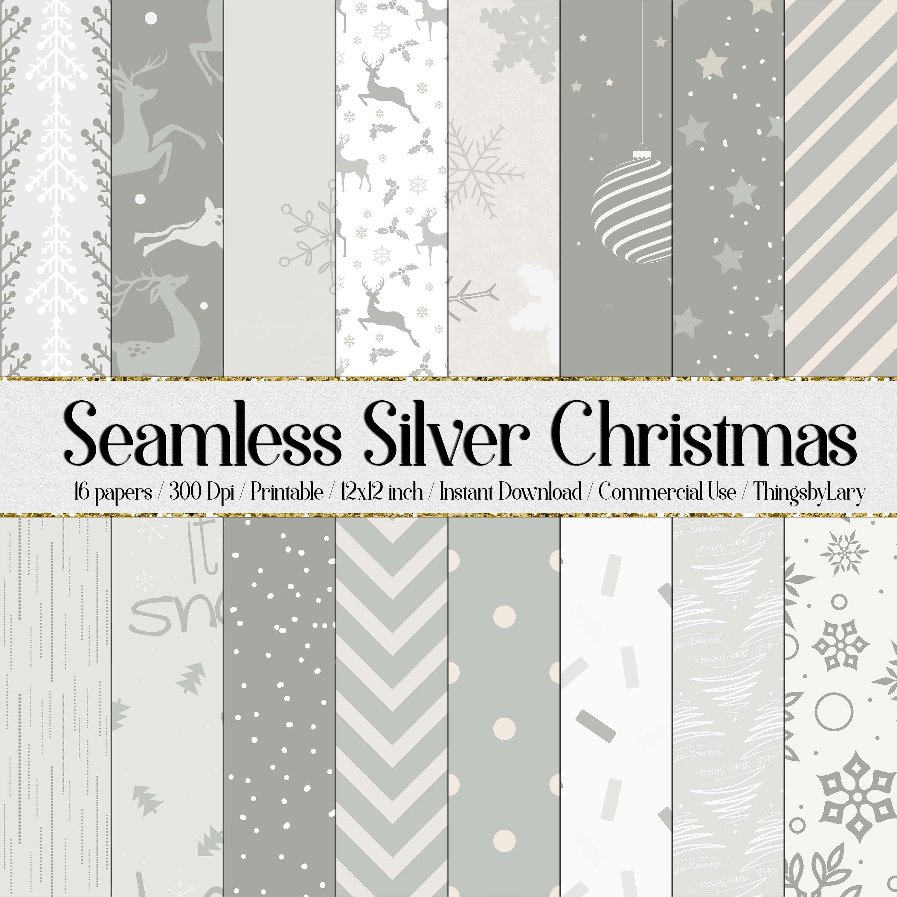 16 Seamless Silver Neutral Christmas Digital Papers 12&quot; 300 Dpi Instant Download Commercial Use Snowflakes Star Snow Winter Holiday Pattern