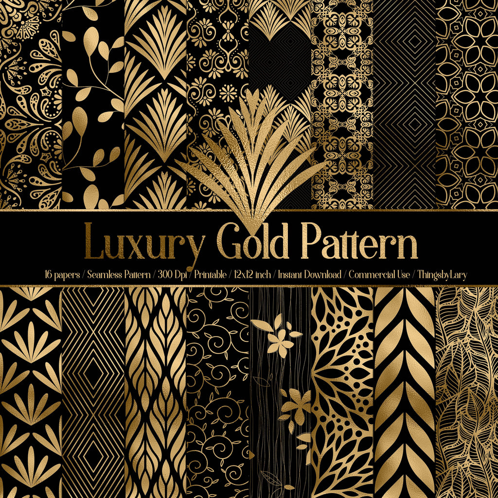 16 Seamless Black and Gold Foil Luxury Pattern Digital Papers 12&quot; 300 dpi commercial use instant download seamless Wedding Geometric Floral