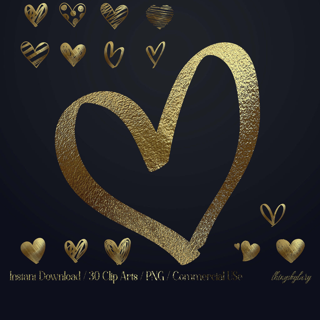 30 Realistic 24k Gold Metallic Hand Drawn Heart Clip Arts 300 Dpi Instant Download Commercial Use Transparent Digital 24k Real Gold Foil