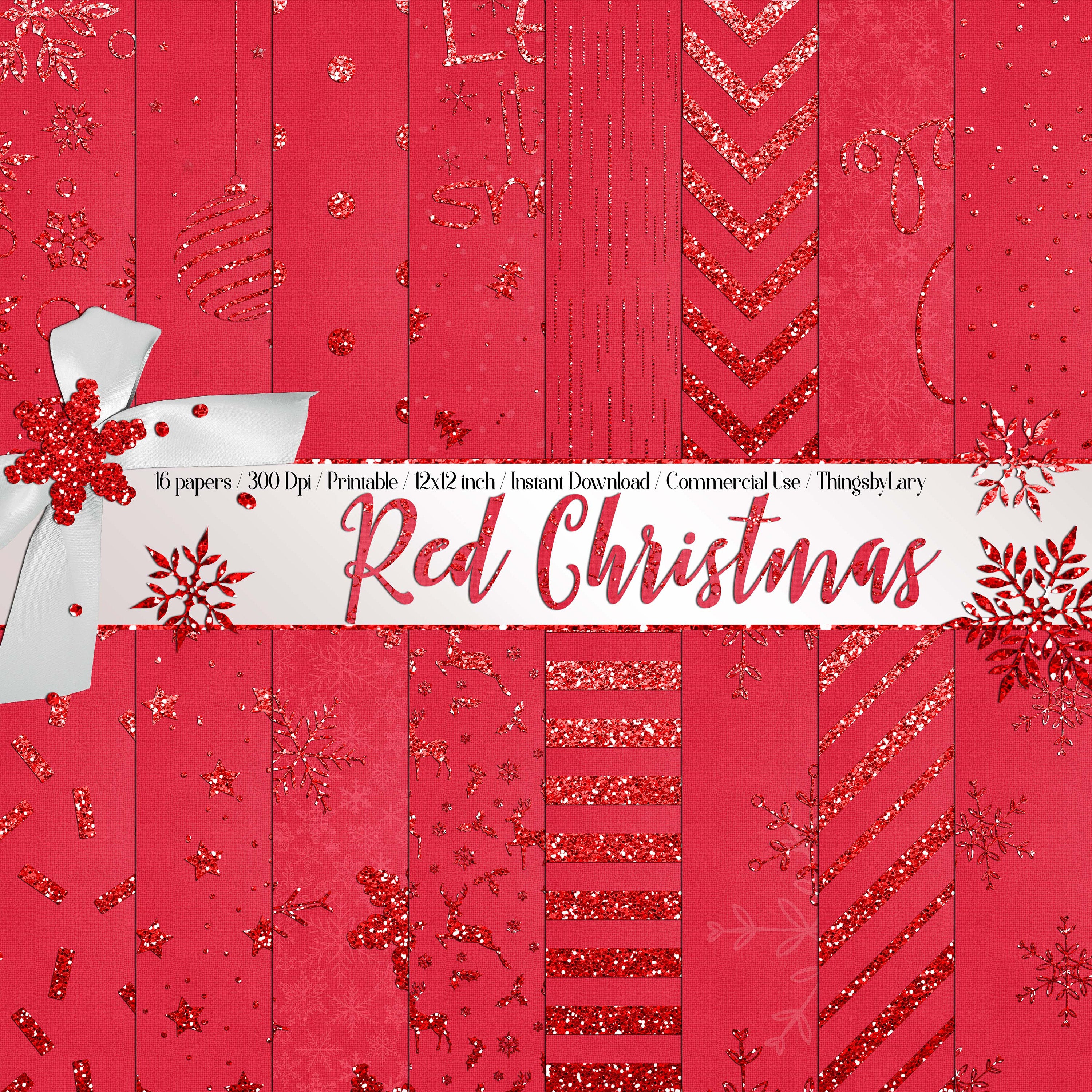 16 Red Glitter Christmas Digital Papers 12&quot; 300 Dpi Instant Download Commercial Use Glitter Striped Deer Snowflakes Star Snow Winter Holiday