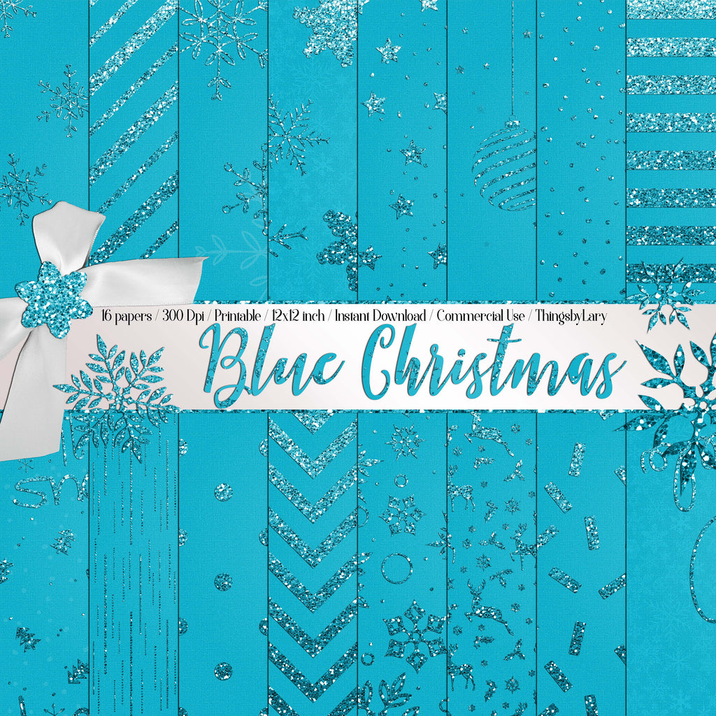 16 Blue Glitter Christmas Digital Papers 12&quot; 300 Dpi Instant Download Commercial Use Glitter Deer Snowflakes Star Snow Winter Holiday