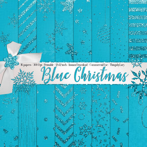 16 Blue Glitter Christmas Digital Papers 12&quot; 300 Dpi Instant Download Commercial Use Glitter Deer Snowflakes Star Snow Winter Holiday
