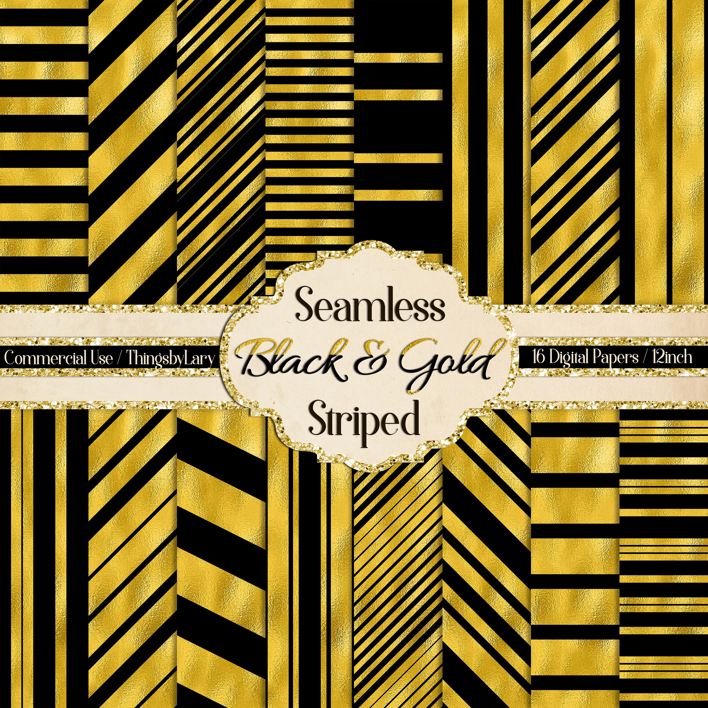 16 Black and Gold Seamless Striped Pattern Digital Papers 12 inch 300 Dpi Planner Paper Commercial Use Scrapbook Paper, Digital Foil Print