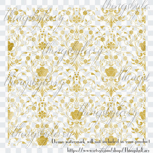 42 Gold Foil Seamless Damask Ornament Overlays 12inch Transparent PNG Instant Download Commercial Use, Gold foil printing damask seamless