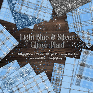 16 Luxury Silver and Light Blue Glitter Plaid Tartan digital paper pack 12inch 300 dpi commercial use instant download Silver Glitter Papers
