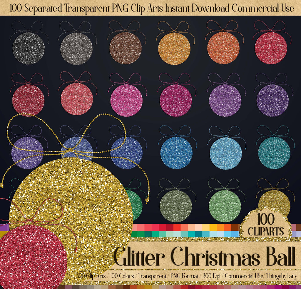 100 Glitter Winter Christmas Ball Ornament Clip arts 300 Dpi Instant Download Commercial Use Planner Clip art Glitter Christmas New Year