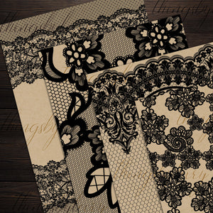 16 Black Gothic Lace Digital Papers A4 Size 300 dpi commercial use instant download, Gothic Lace Black Halloween Lace Scrapbooking Lace Kit