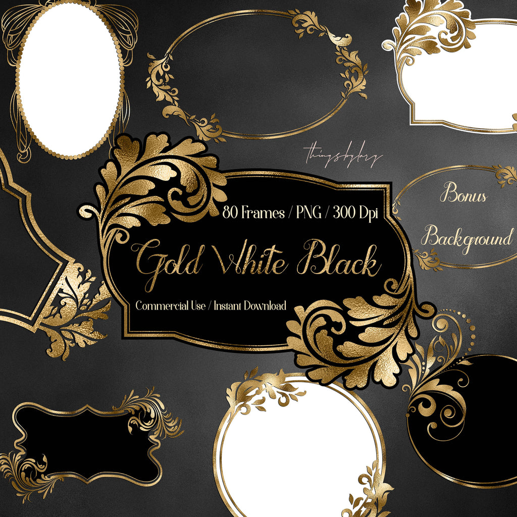 80 Luxury Gold, Black, White Label Frames 300 Dpi PNG Instant Download Commercial Use Vintage Antique Royal European Parisian Queen Frames