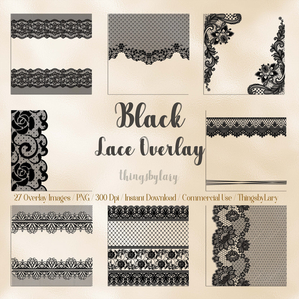 27 Black Lace Overlays Borders Frames Images PNG Transparent 300 Dpi Instant Download Commercial Use Shabby Chic Gothic Black Widow Lacy Net