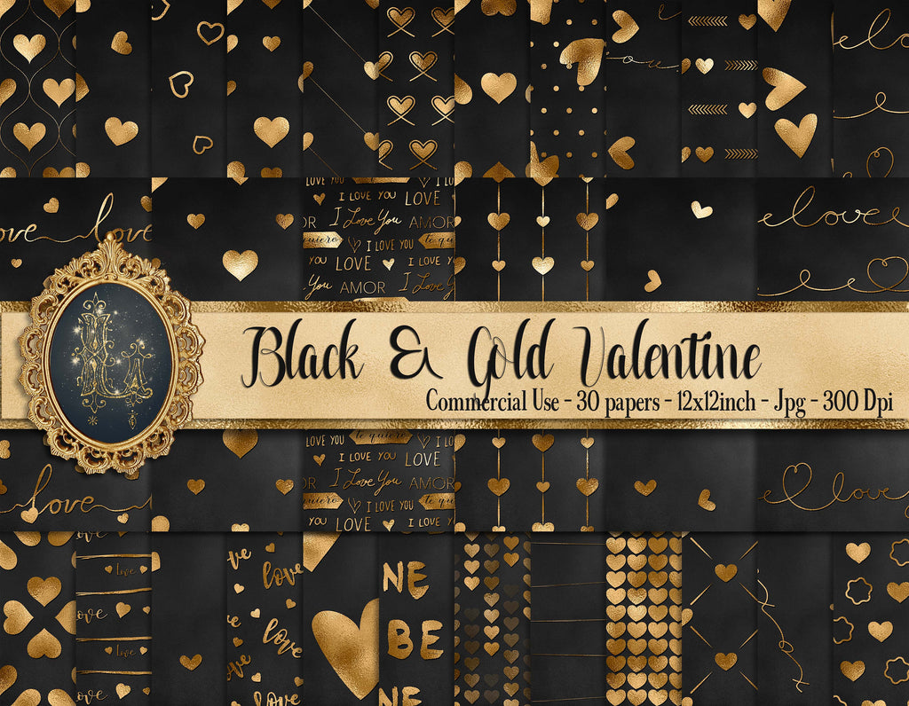 30 Black and Gold Valentine Heart Love Digital Papers 12 inch 300 Dpi Planner Paper Commercial Use Scrapbook Gold Foil Print Gold Love Print