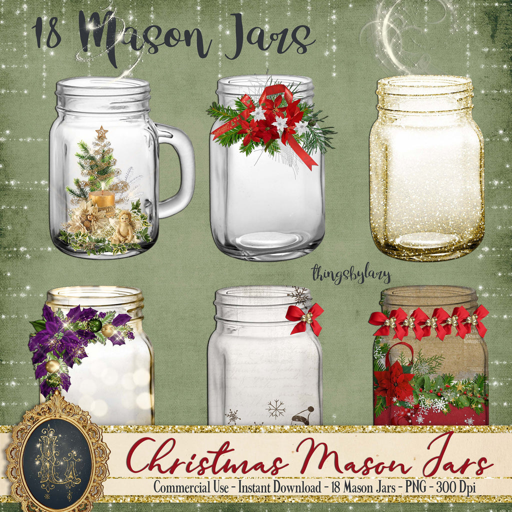 18 Christmas Mason Jars Clip Arts 300 Dpi PNG Instant Download Commercial Use Transparent Glitter Mason Jar Diamond Antique Jar Magic Fairy