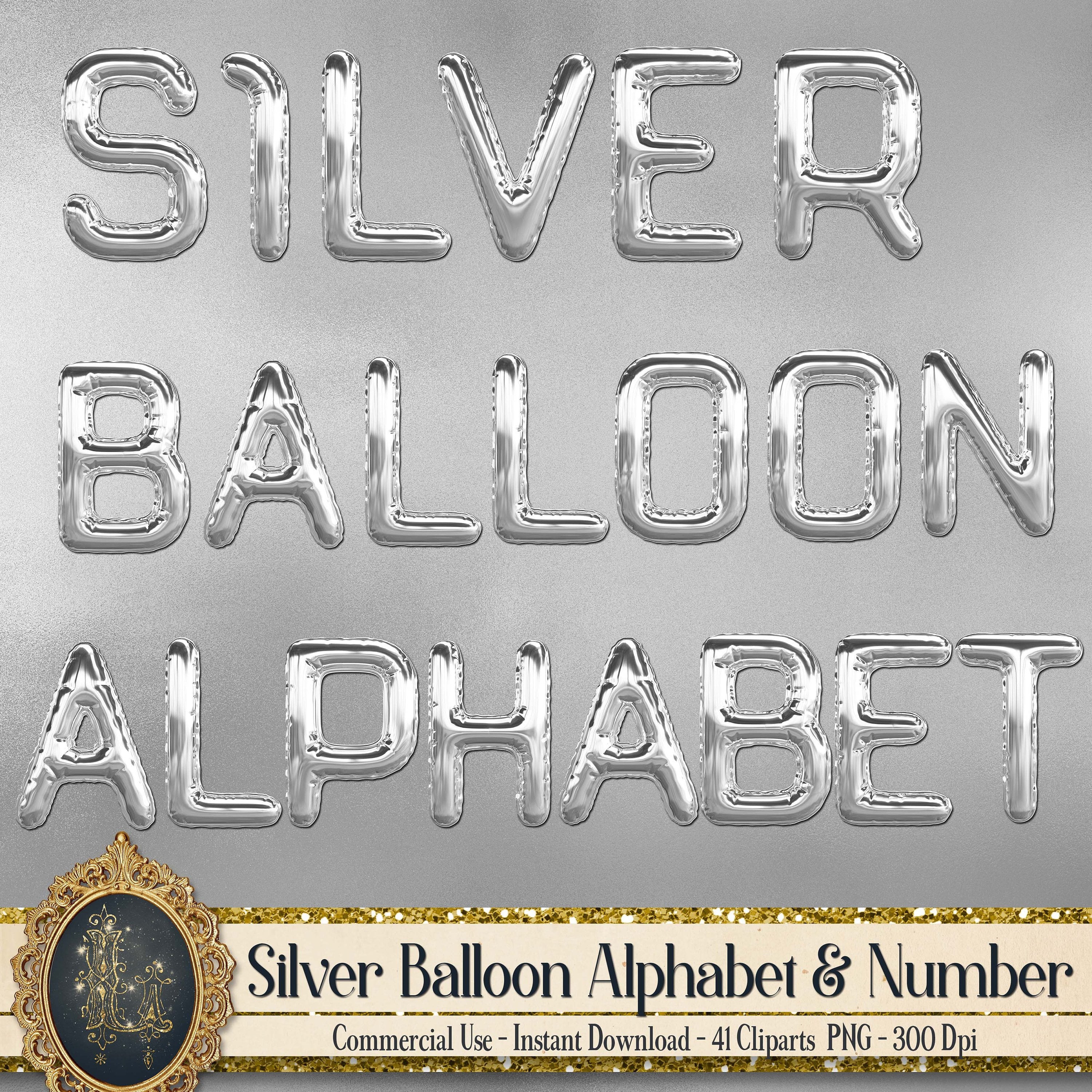 Luxury Silver Balloon Alphabet Number 41 Digital Images Clip Arts PNG 300 Dpi Planner Clip Arts Commercial Use Instant Download Scrapbooking