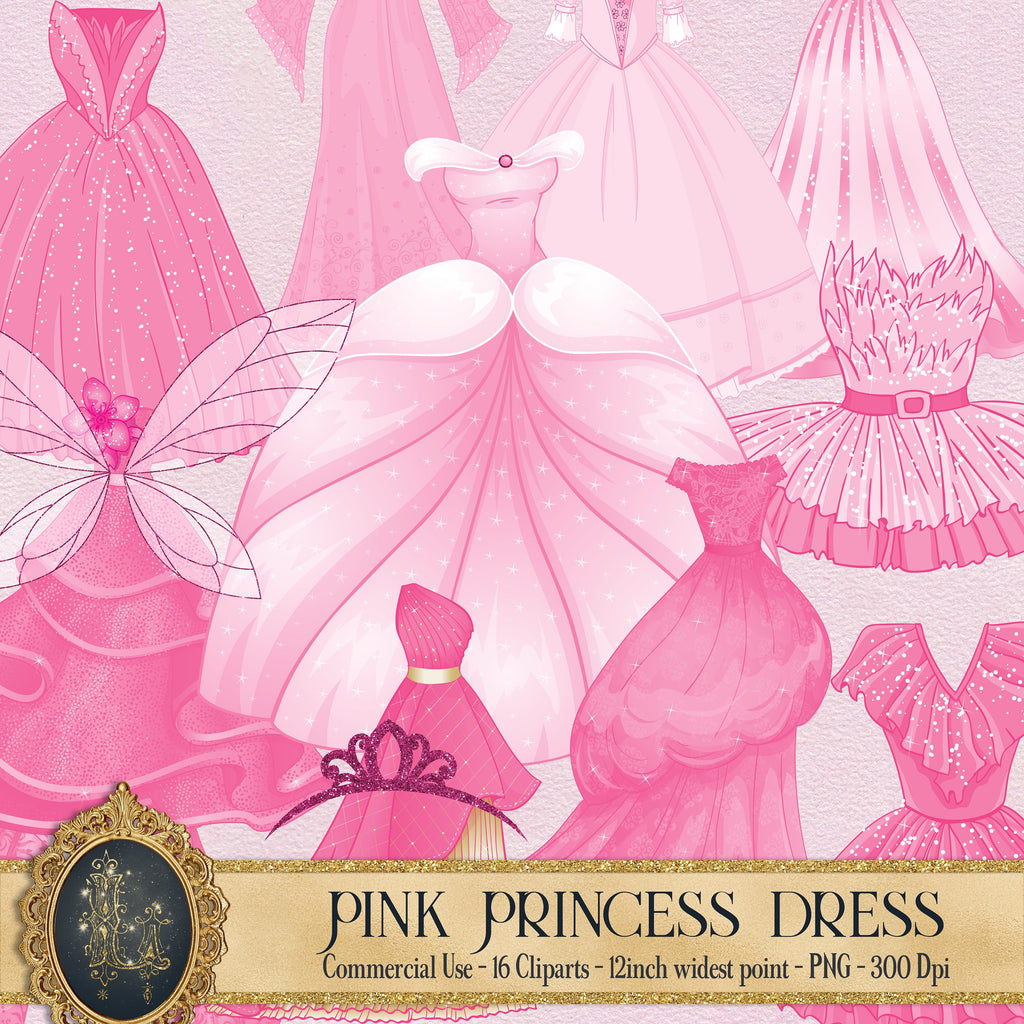 16 Pink Princess Dress Clip Arts, Princess, Baby Shower, Birthday Invitation, Kid Design, Pink Cliparts, Digital Princess