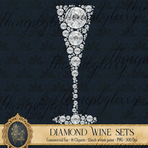 16 Diamond Wine Glass and Bottle Cliparts, 300 Dpi, Instant Download, Commercial Use, Diamond Clip Art, Luxury Wine Set, Diamond Party