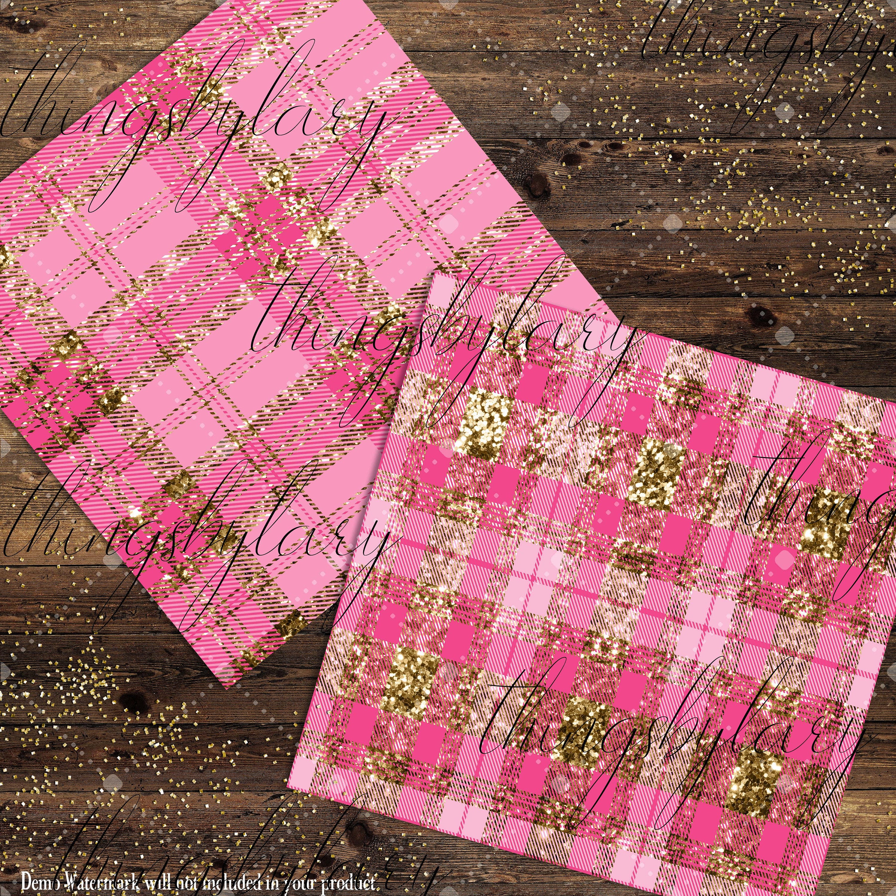 16 Luxury Gold and Pink Glitter Plaid Tartan digital paper pack 12inch 300 dpi commercial use instant download, Bonus 2 Glitter Background,