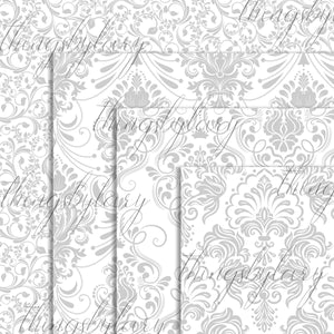 42 Seamless White and Silver Damask and Ornament Papers 12 inch 300 Dpi Instant Download Commercial Use Planner Paper Scrapbook Luxury Kit